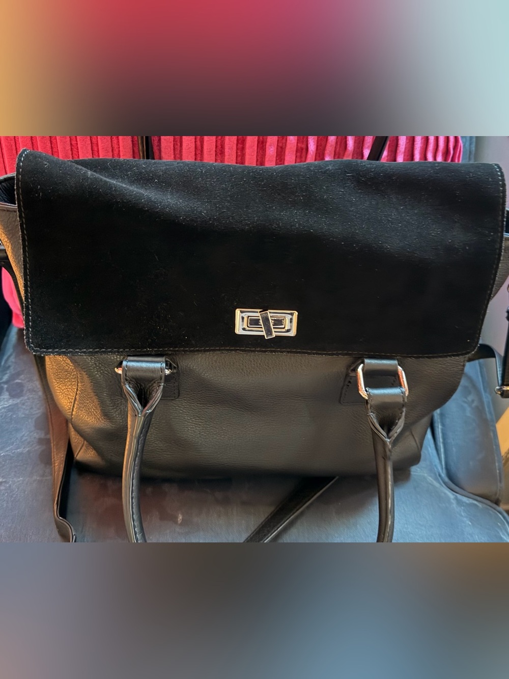 Audrey Brooke Black suede and Leather Tote with Silver Hardware
